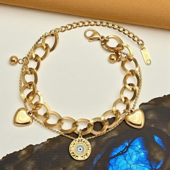 🆕️18K Gold Plated Stainless Steel Double Chain Bracelet Heart Evil Eye Charm 🌟 - Picture 1 of 10